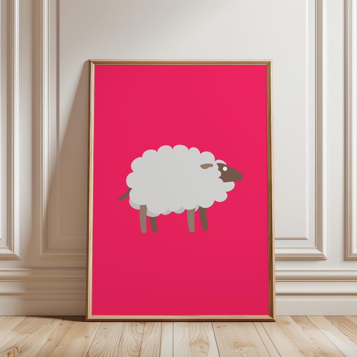 Cute White Sheep Hot Pink Background Minimalist Nursery Wall Art