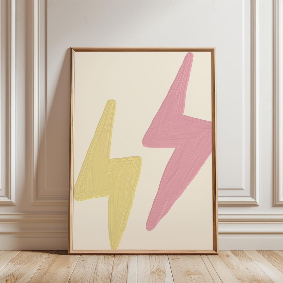 Pink Yellow Lightning Bolt Modern Minimal Abstract Art Poster