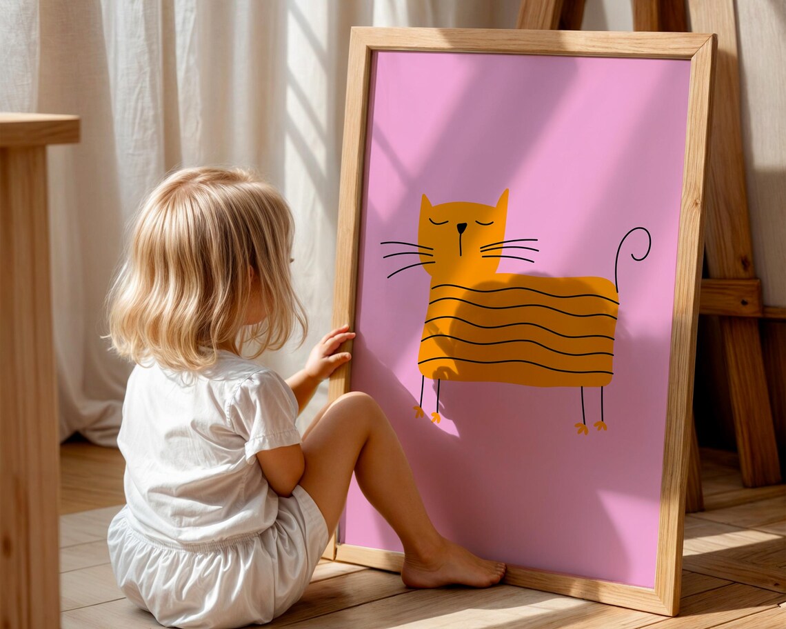 Playful Orange Cat Pink Background Minimalist Kids Room Animal Poster