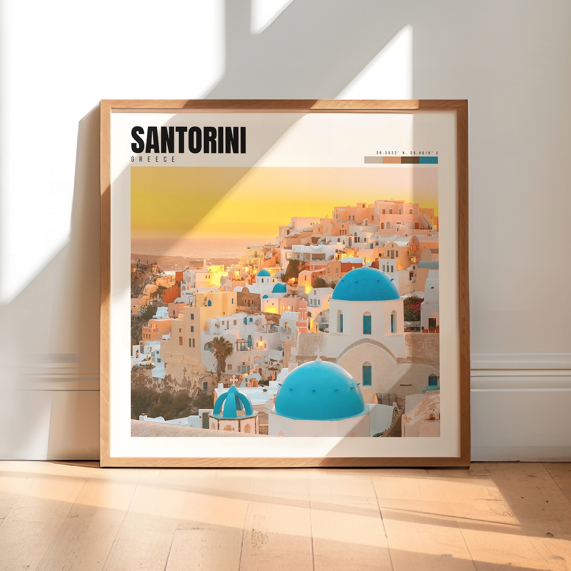 Santorini Greece Oia Blue Domes Sunset Caldera View Travel Poster