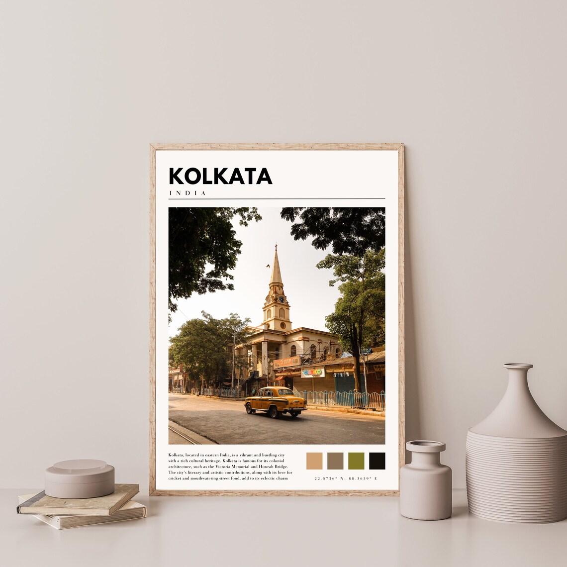 Kolkata India Yellow Taxi Colonial Street Church Spire Travel Poster - Image 4