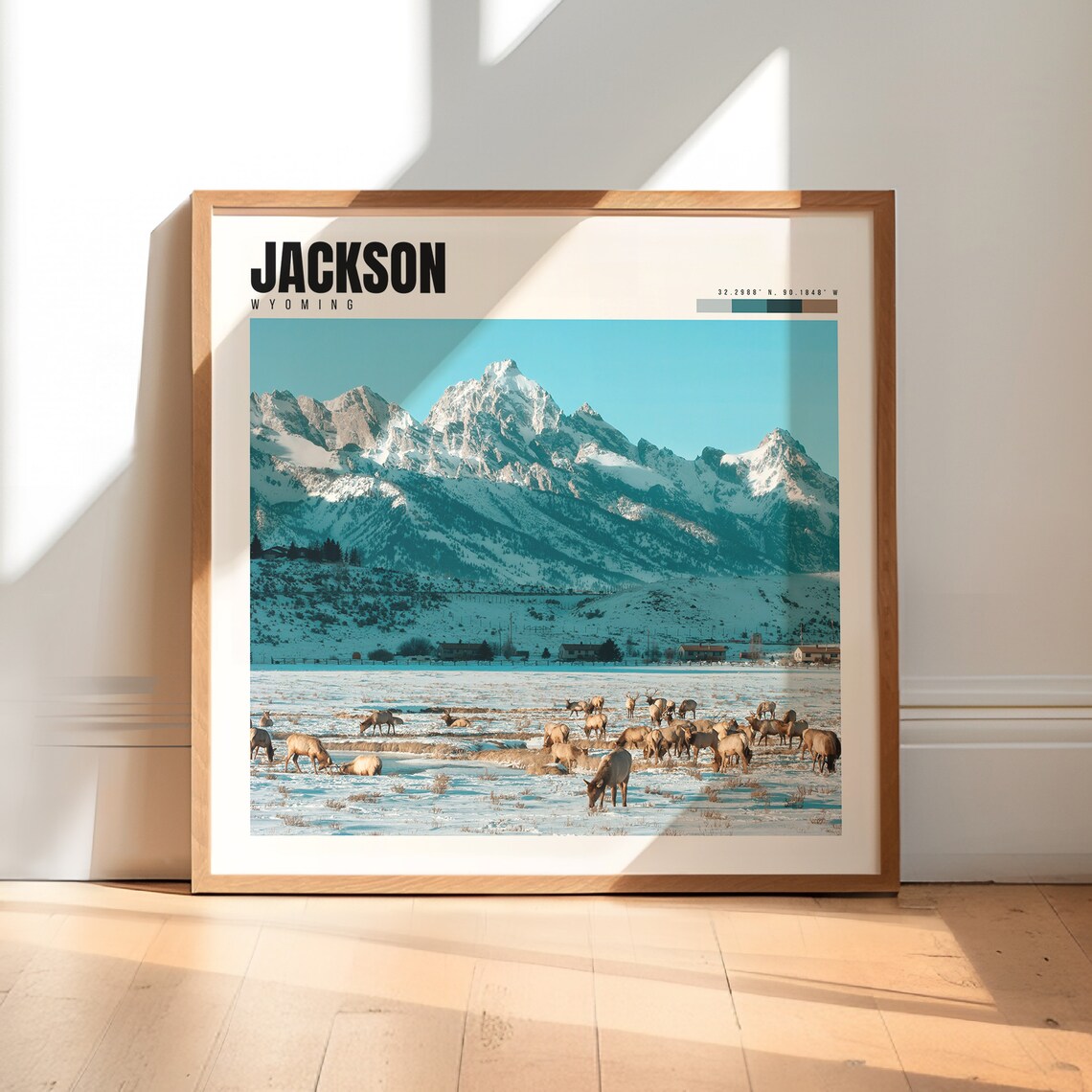 Jackson Wyoming Grand Teton Snow Peaks Elk Herd Winter Poster