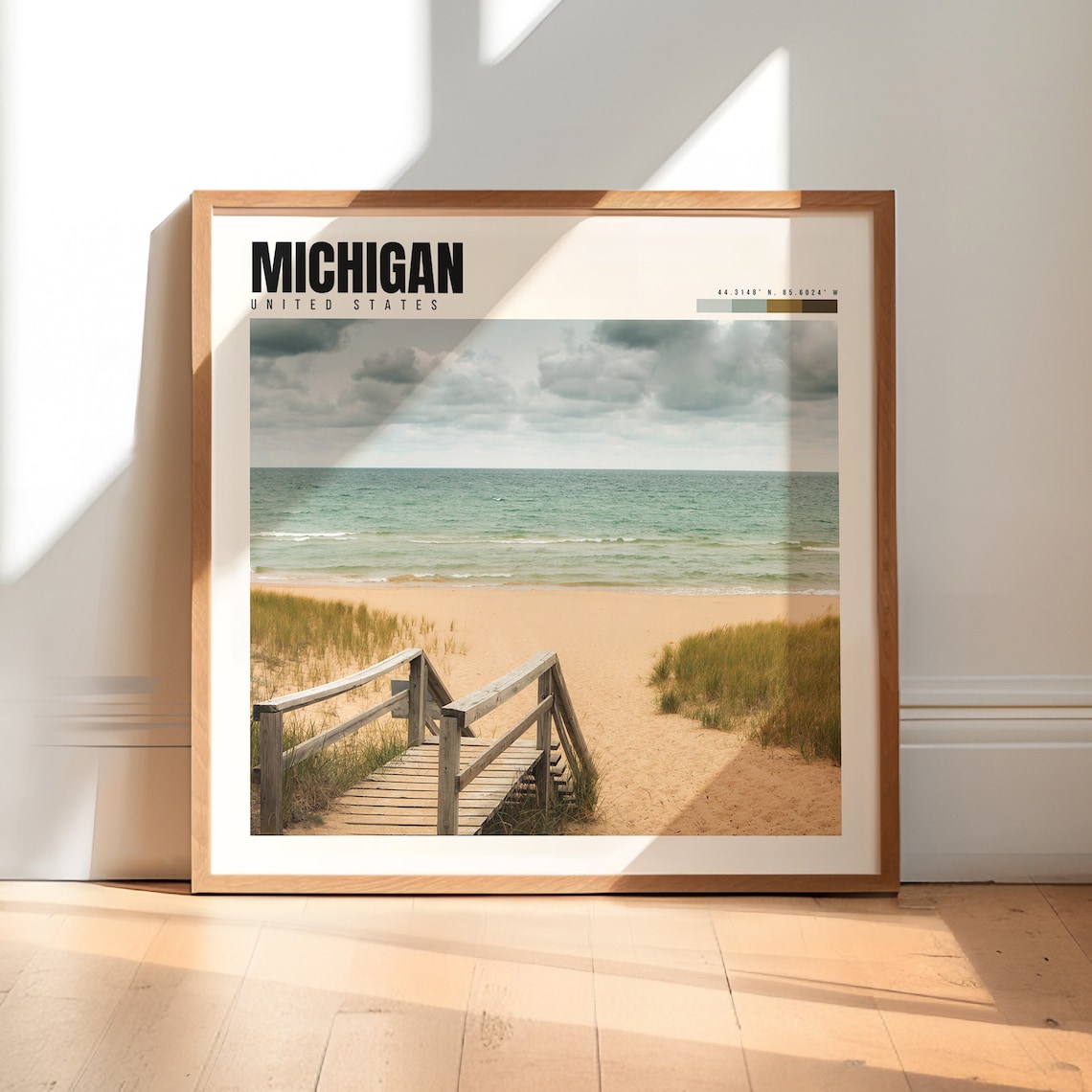 Michigan Lake Beach Wooden Boardwalk Dunes Cloudy Travel Poster