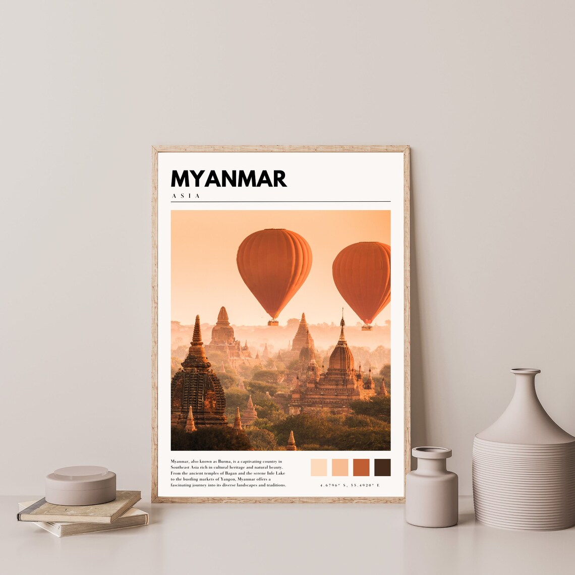 Myanmar Asia Bagan Temples Hot Air Balloons Sunrise Golden Poster - Image 4