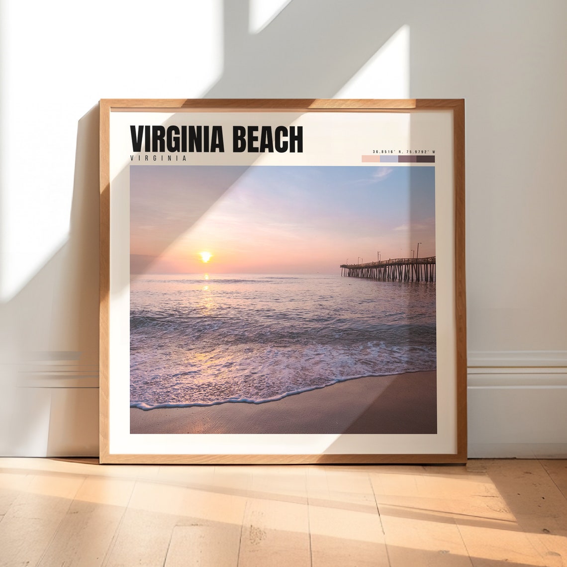 Virginia Beach Sunrise Poster with Fishing Pier and Rolling Ocean Surf