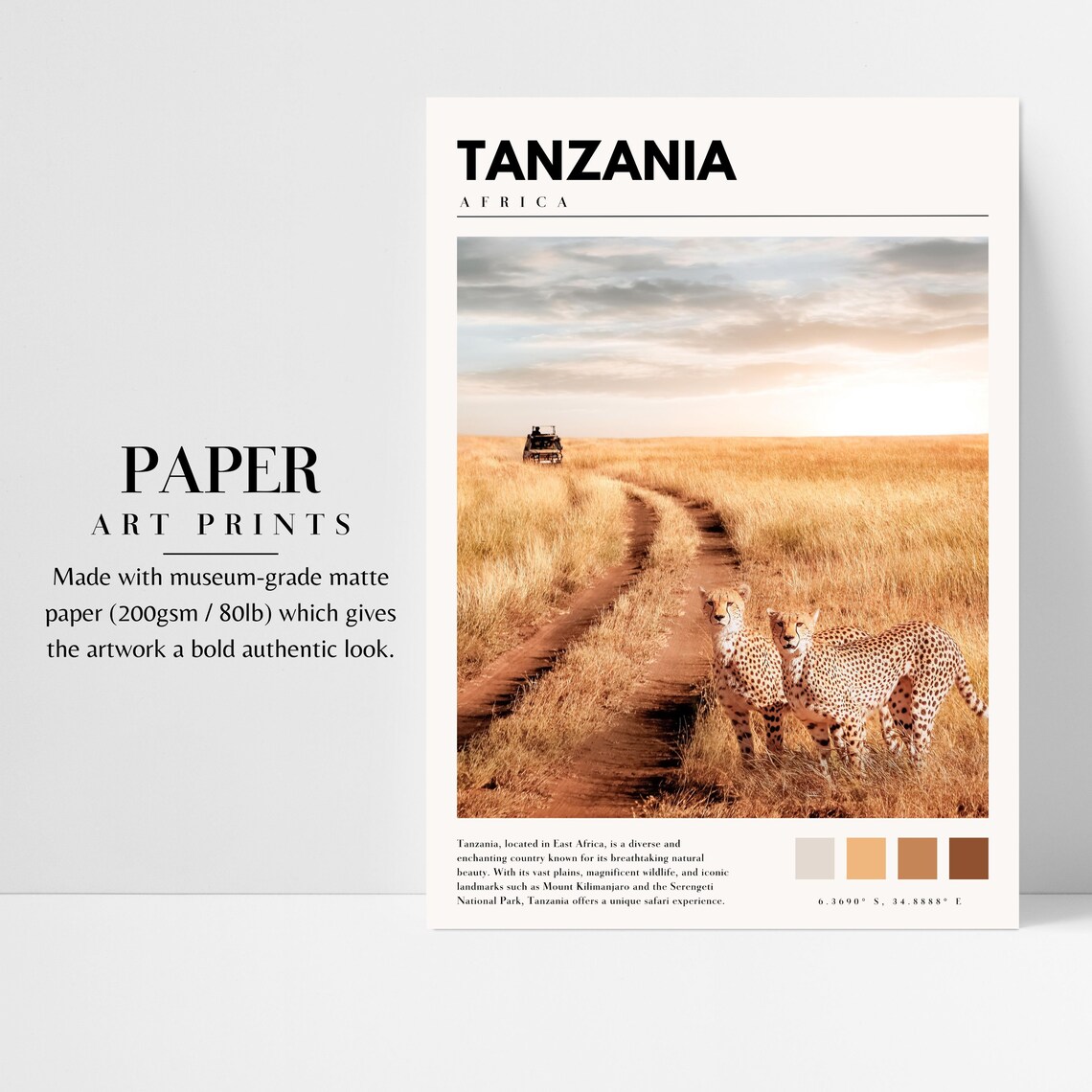 Tanzania Africa Cheetahs Savanna Sunset Safari Jeep Wildlife Poster - Image 3