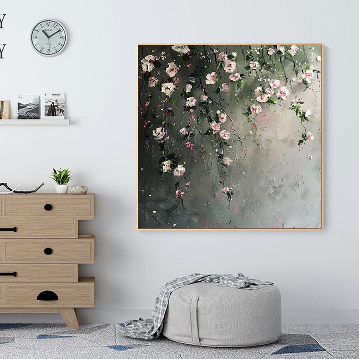 White Pink Roses Minimalist Blossom Branch Square Art Painting Poster - Image 2
