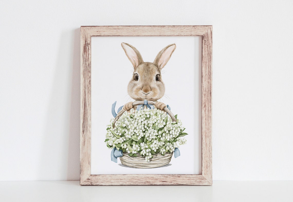 Easter Bunny Watercolor Basket of White Spring Flowers Wall Print - Image 4