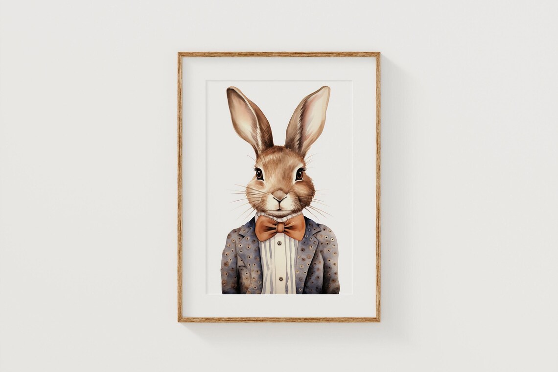 Dapper Bunny Watercolor Print Rabbit In Suit And Bow Tie Nursery Decor - Image 3