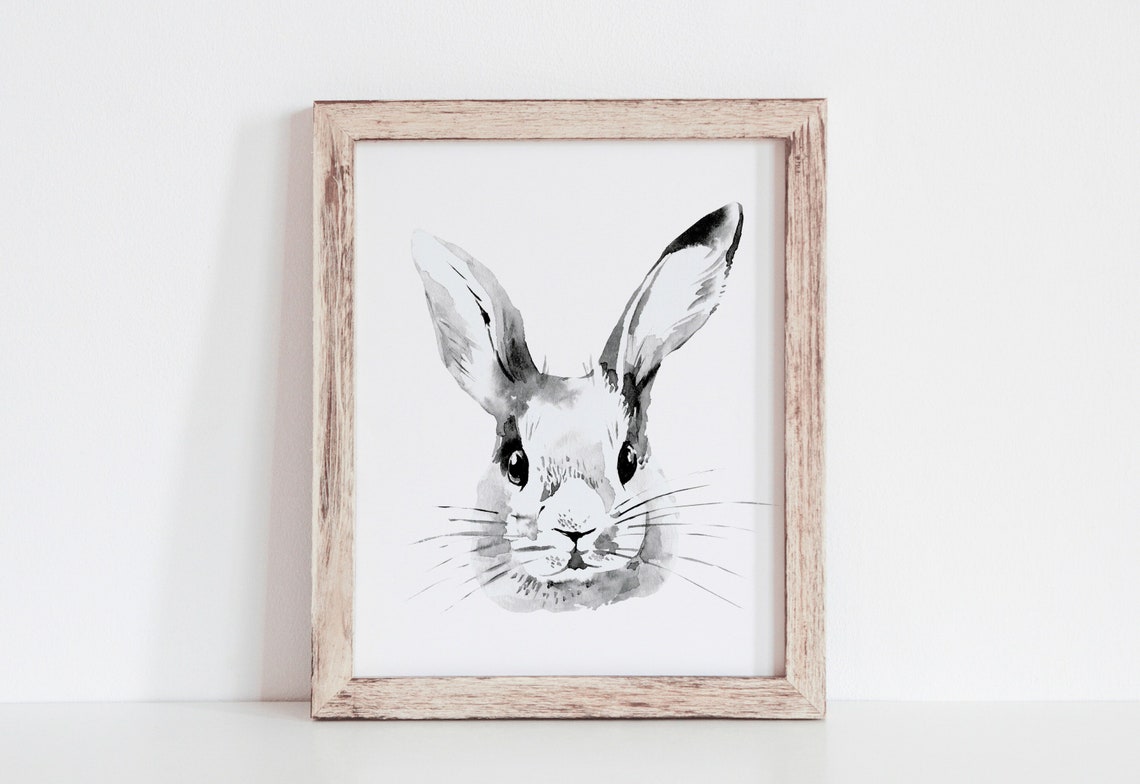 Watercolor Bunny Rabbit Face Black and White Nursery Animal Art Poster