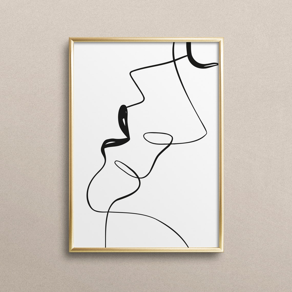 Two Become One Line Art Kissing Couple Black White Romantic Poster
