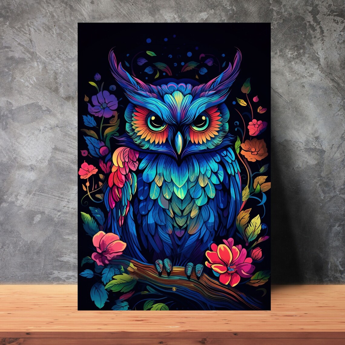 Vibrant Neon Owl Colorful Floral Night Tropical Bird Art Poster - Image 3