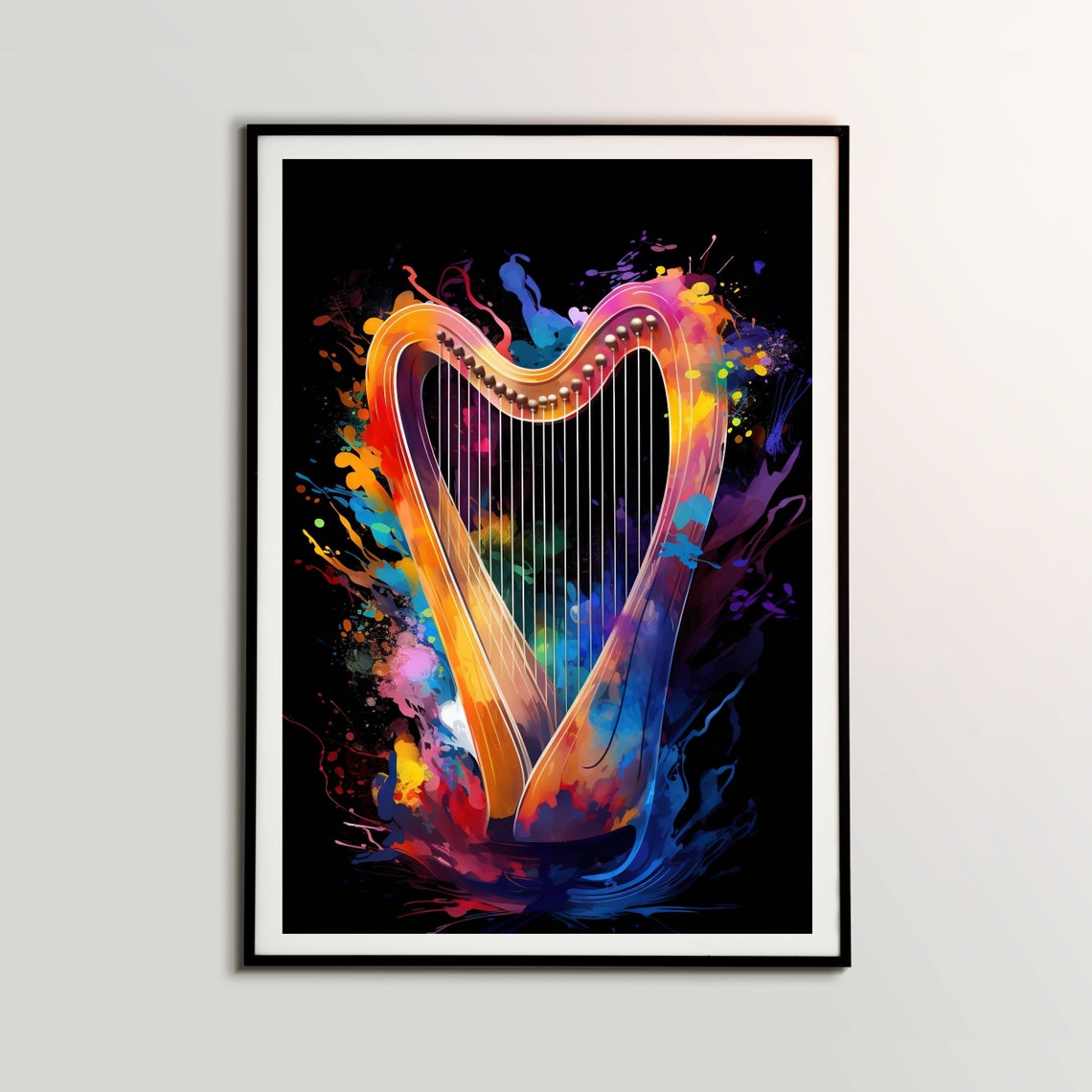 Colorful Harp Curve Watercolor Splash Black Background Music Poster