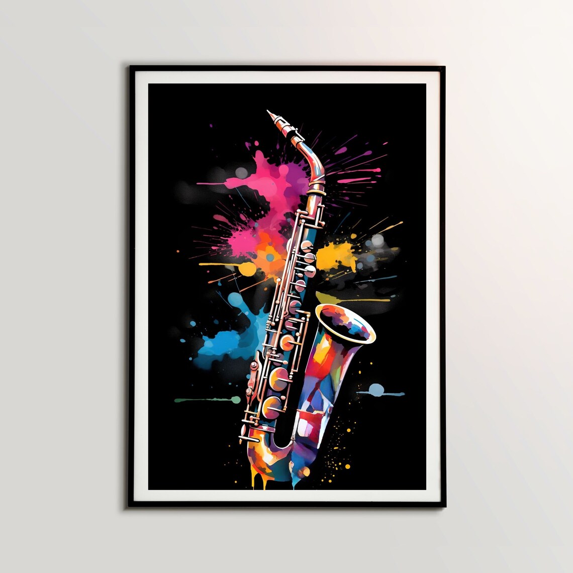 Colorful Saxophone Watercolor Splash Black Background Music Poster