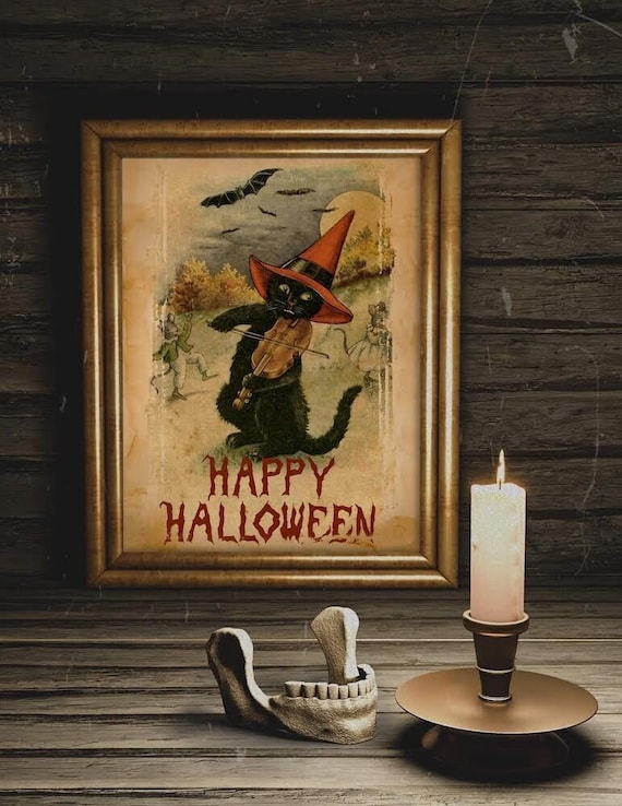 Happy Halloween Black Cat Violin Witch Hat Vintage Art Poster