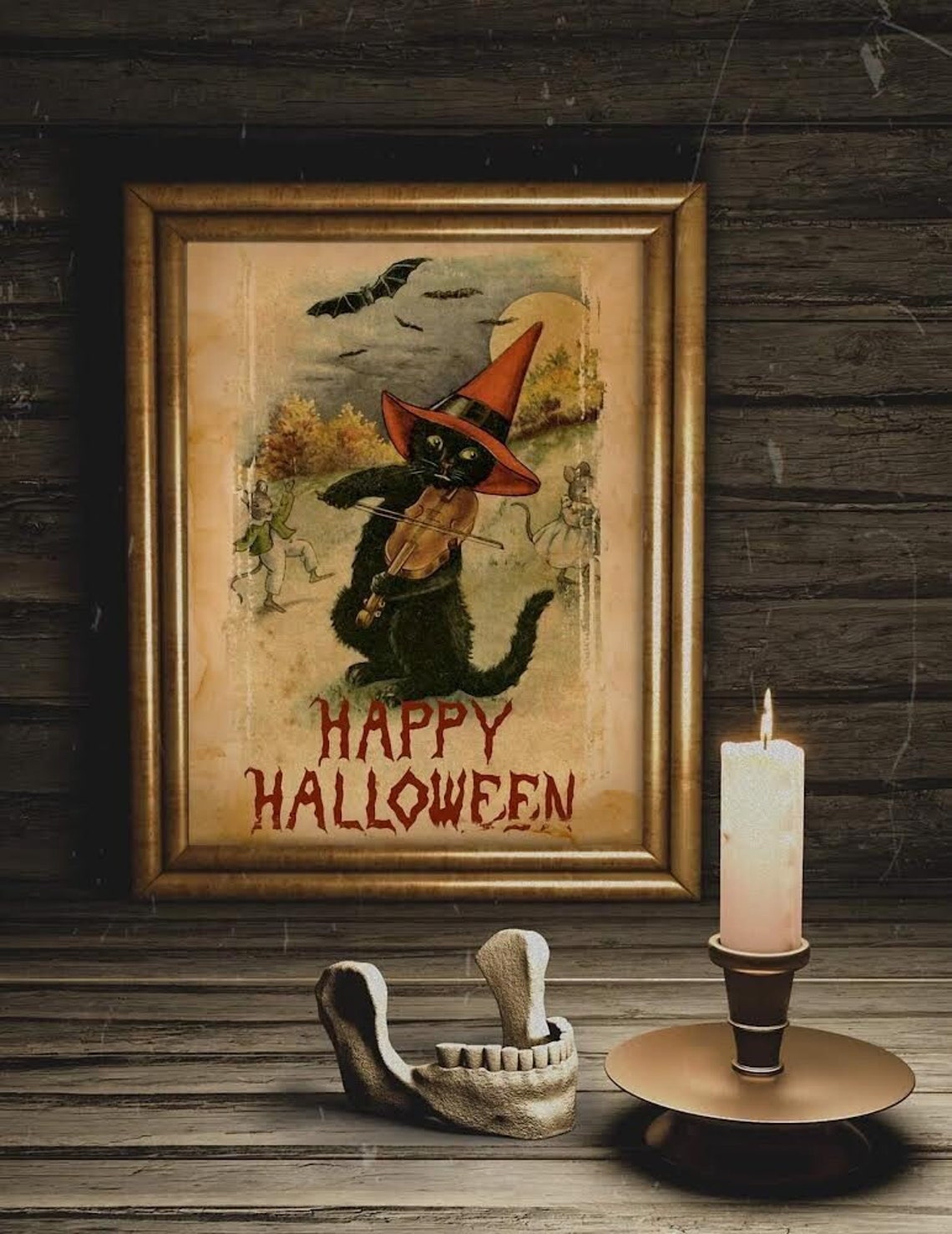 Happy Halloween Black Cat Violin Witch Hat Vintage Art Poster