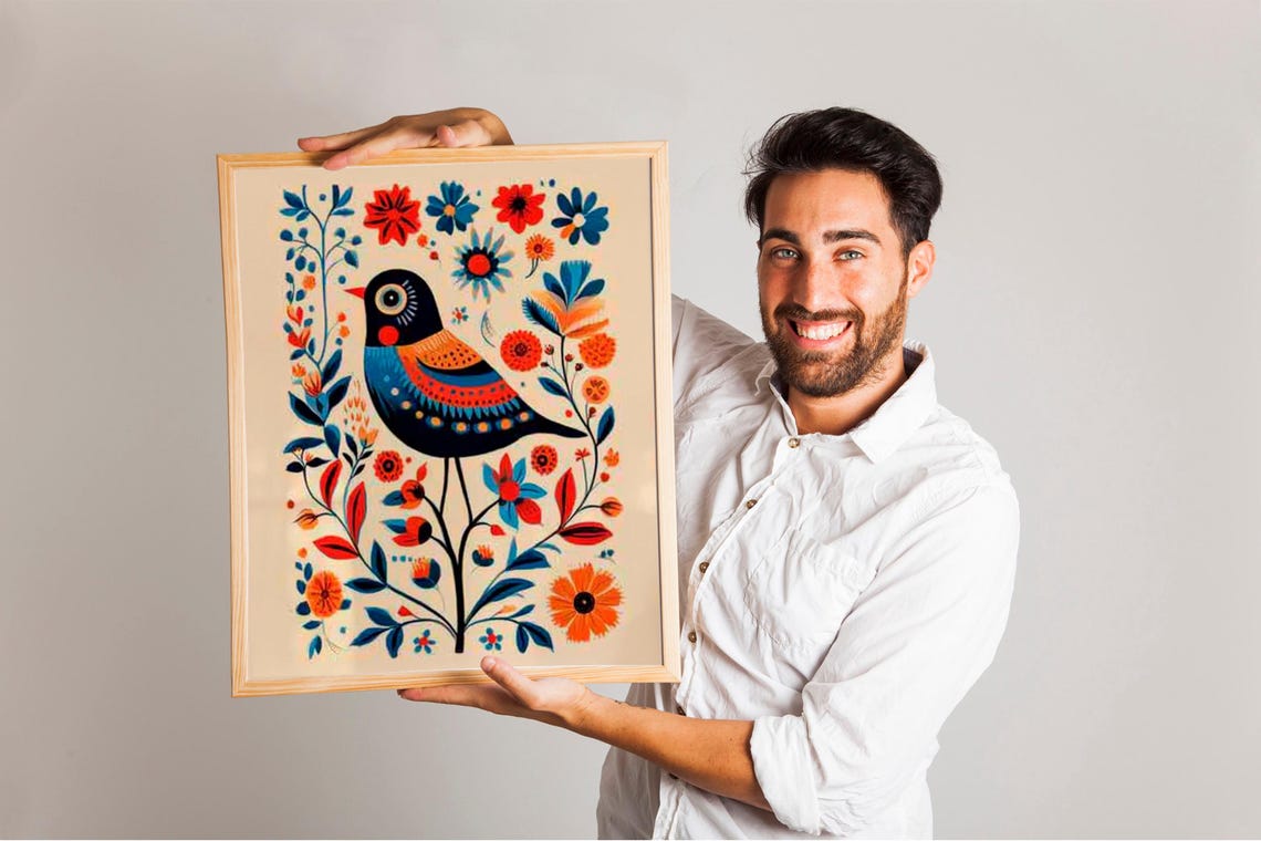 Nordic Folk Art Bird Floral Botanical Cream Background Wall Print