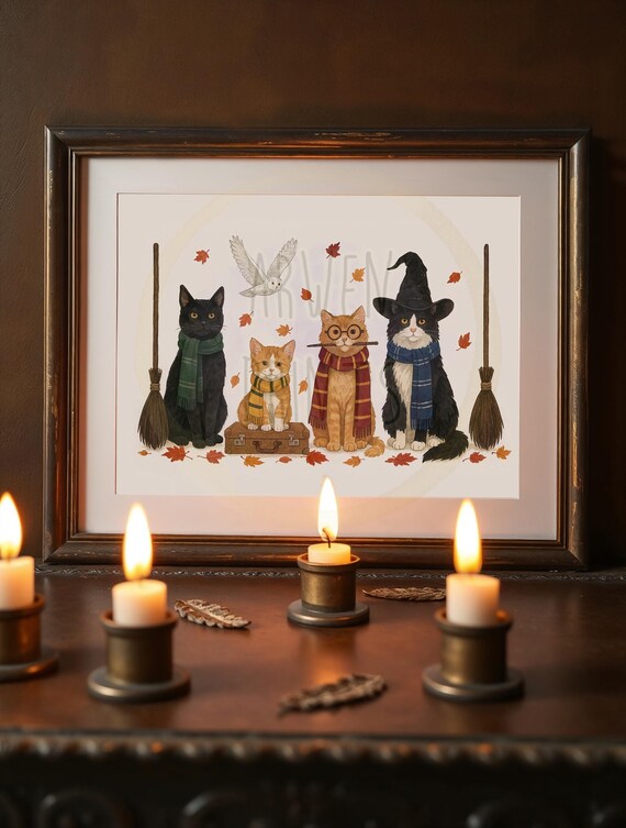 Magical Fall Cats Wall Art Watercolor Autumn Print Halloween Cat Decor Canvas
