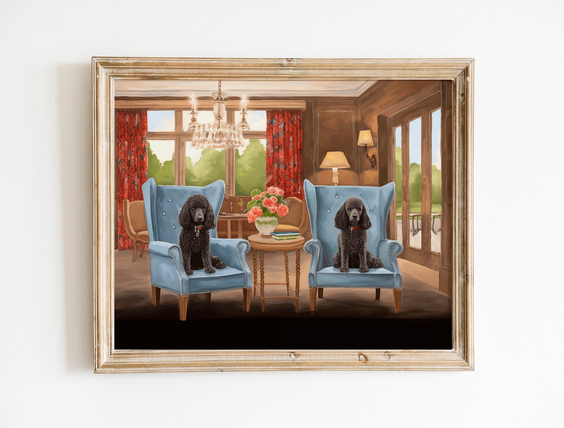 Two Black Poodles Elegant Salon Chairs Classic Dog Breed Wall Print