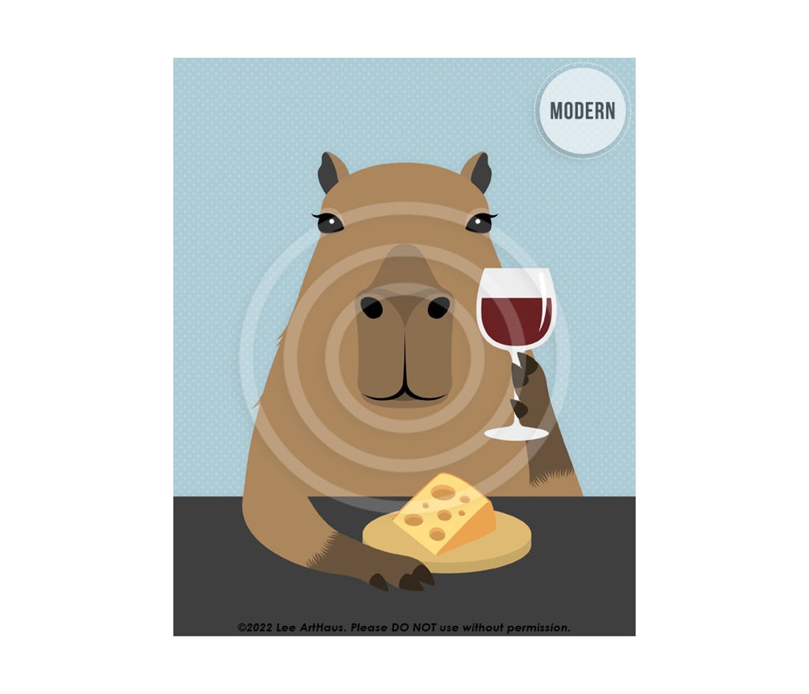 Capybara Holding Wine Glass With Cheese Wedge Funny Art Poster - Image 2