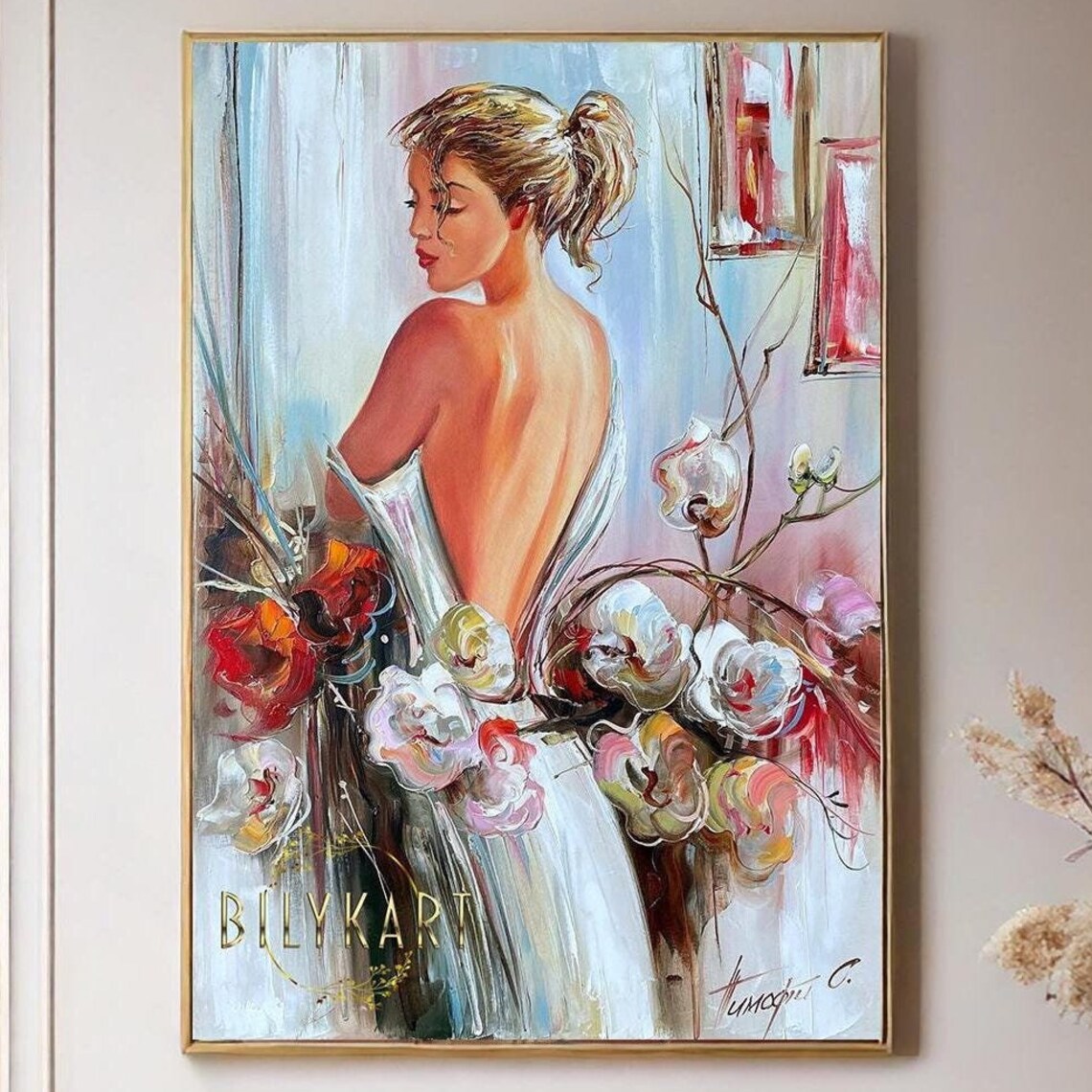 Elegant Woman Looking at Flowers, Sensual Art Print