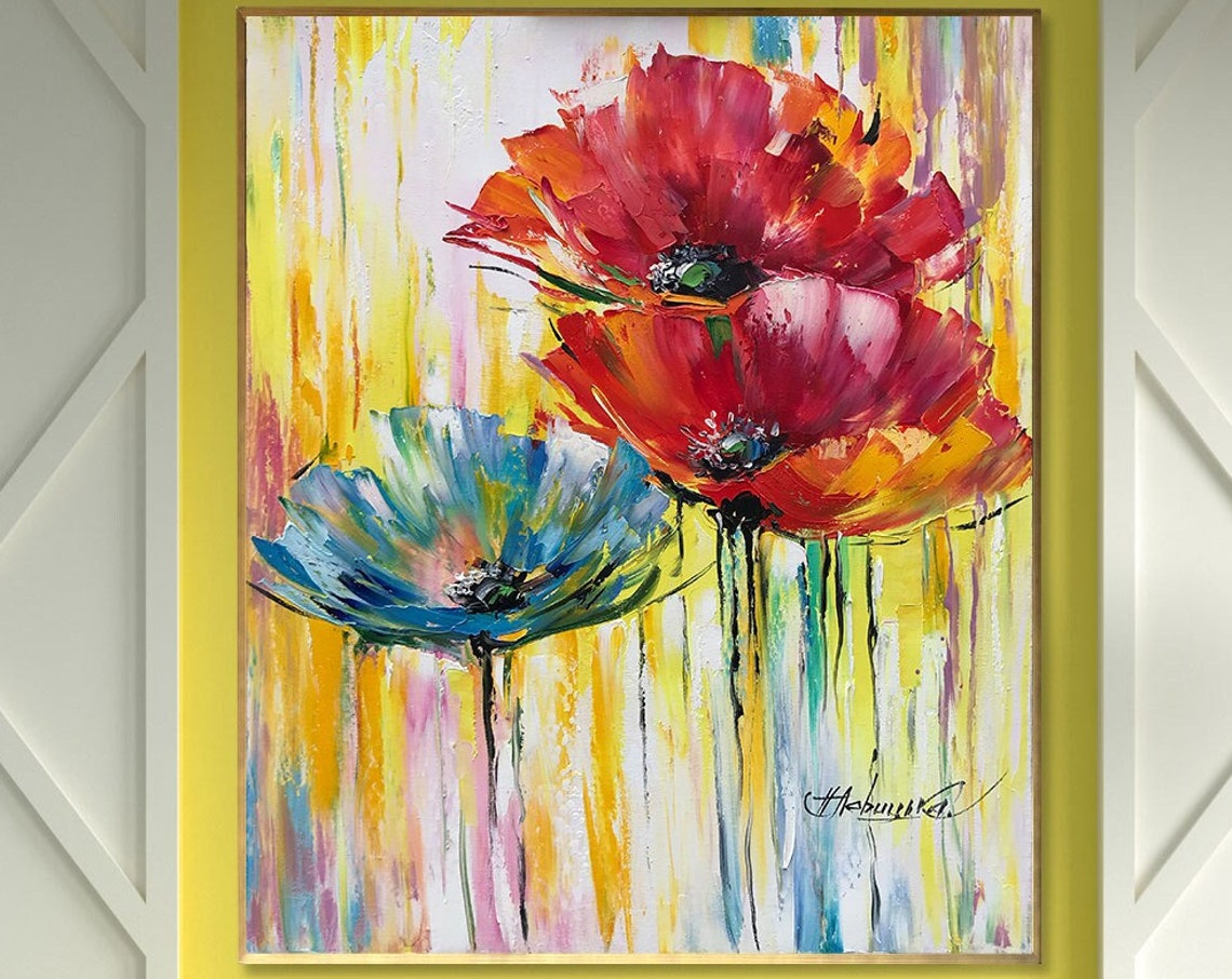 Red Blue Poppy Flowers Yellow Pastel Background Impressionist Poster - Image 2