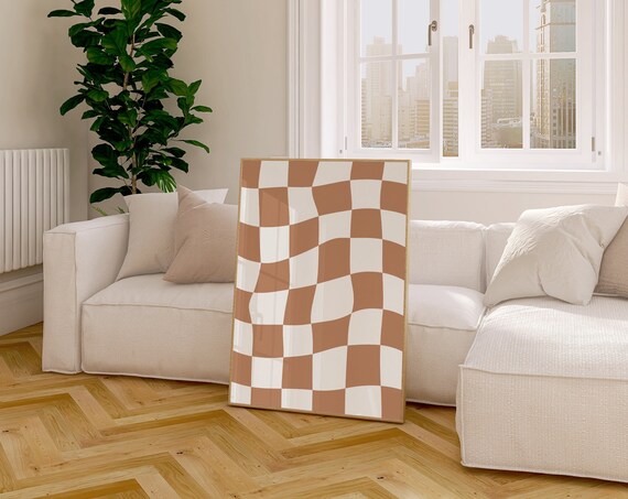 Terracotta Checkered Print, Neutral Checkerboard Art