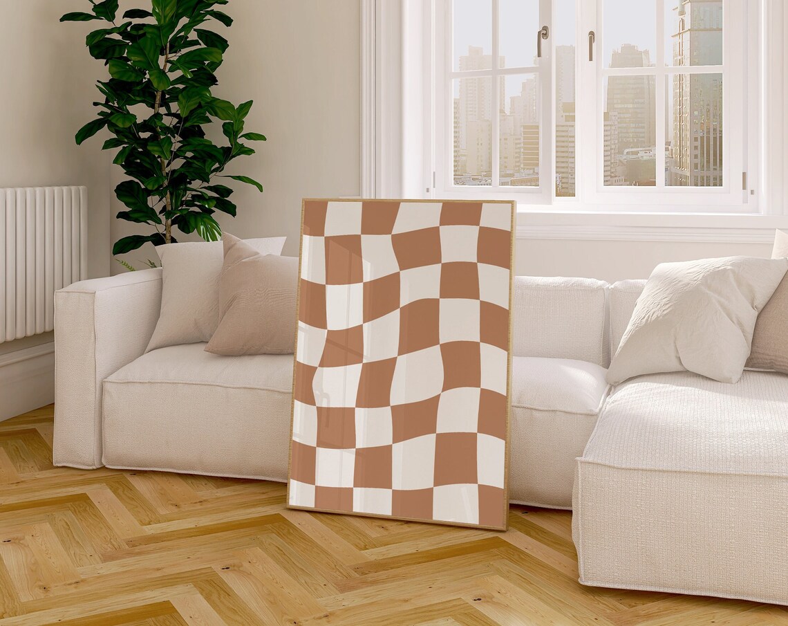 Terracotta Checkered Print, Neutral Checkerboard Art