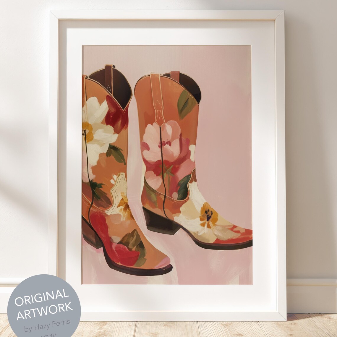 Pair of Floral Cowboy Boots on Blush Pink Modern Western Decor Poster