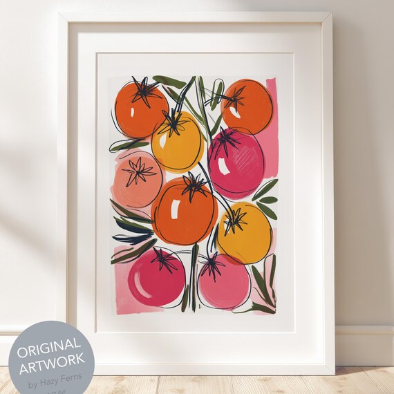 Tomato Branch Colorful Gouache Modern Kitchen Botanical Wall Art
