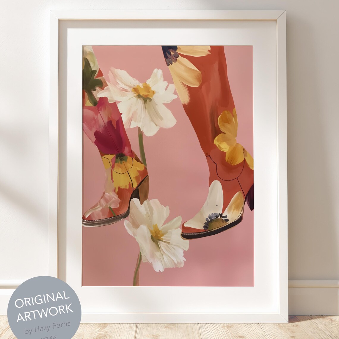 Cowboy Boots Among Giant Blossoms on Pink Modern Western Floral Poster