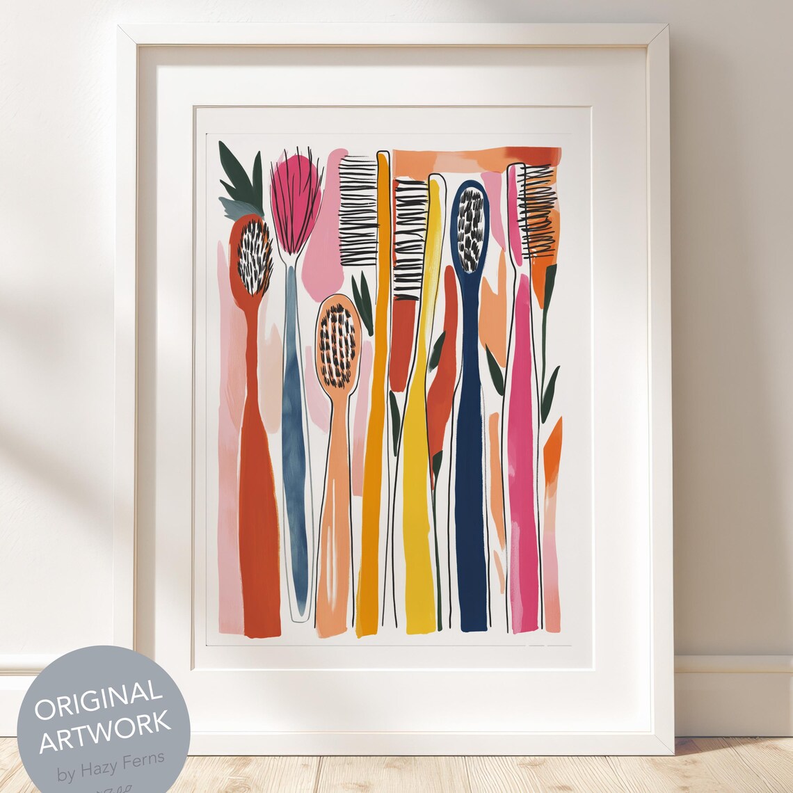 Colorful Toothbrushes Gouache Modern Bathroom Wall Decor Fun Art Poster