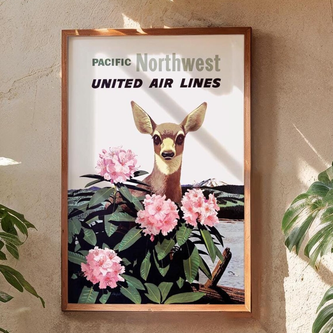 Pacific Northwest United Air Lines Deer And Flowers Travel Poster - Image 3