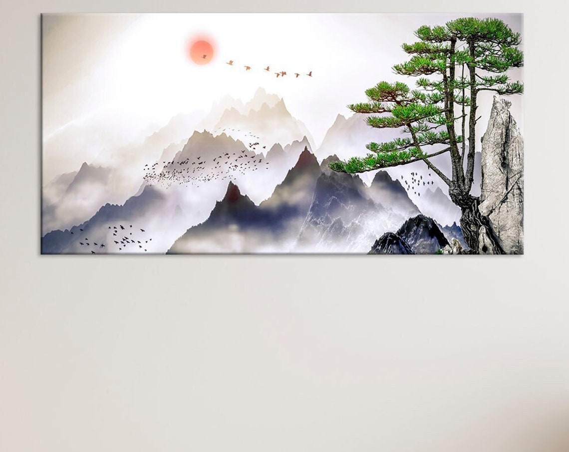 Japanese Ink Wash Misty Mountains Pine Tree Red Sun Asian Art Poster