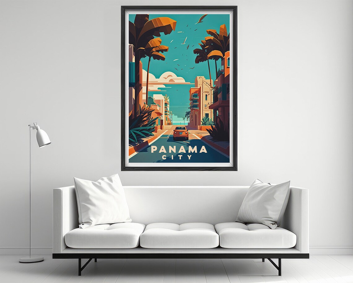 Panama City Palm Lined Street Vintage Car Retro Travel Poster - Image 2