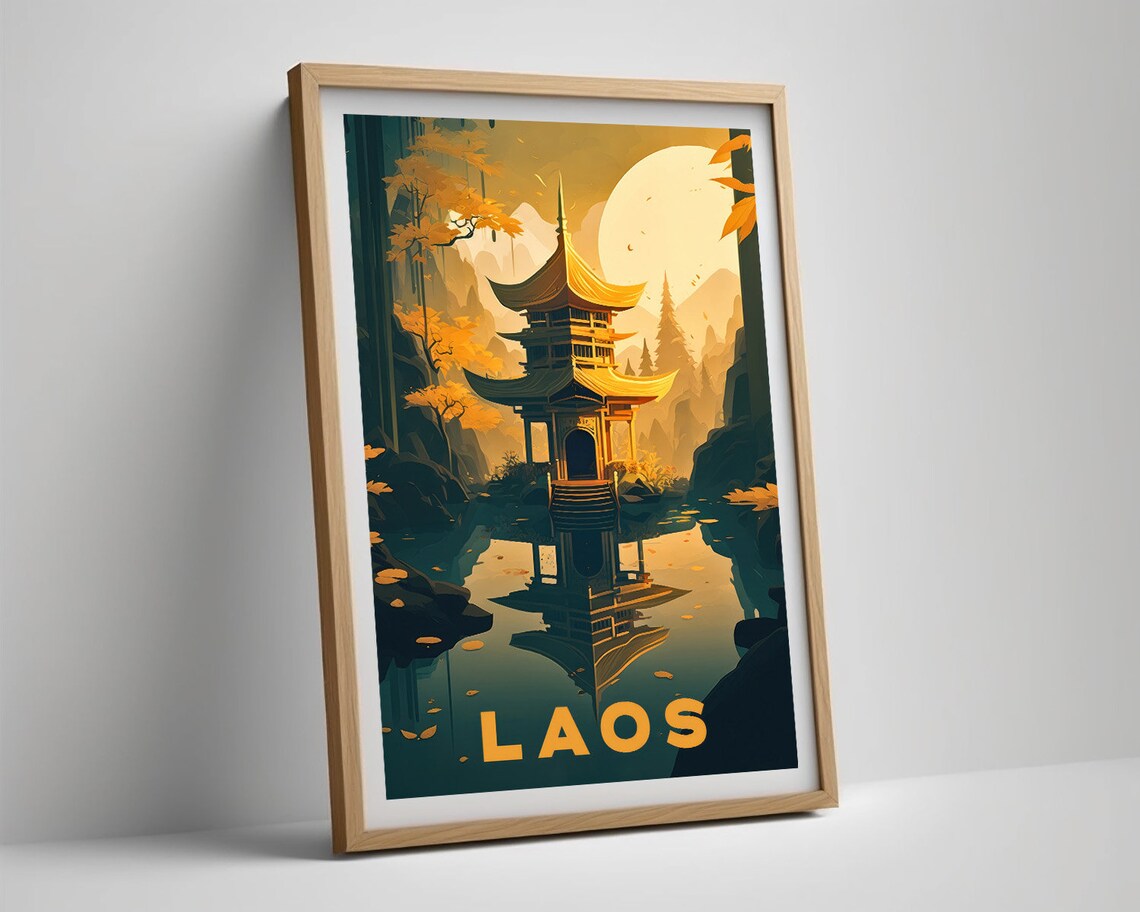 Laos Golden Pagoda Reflecting Lake Sunset Retro Travel Poster - Image 5