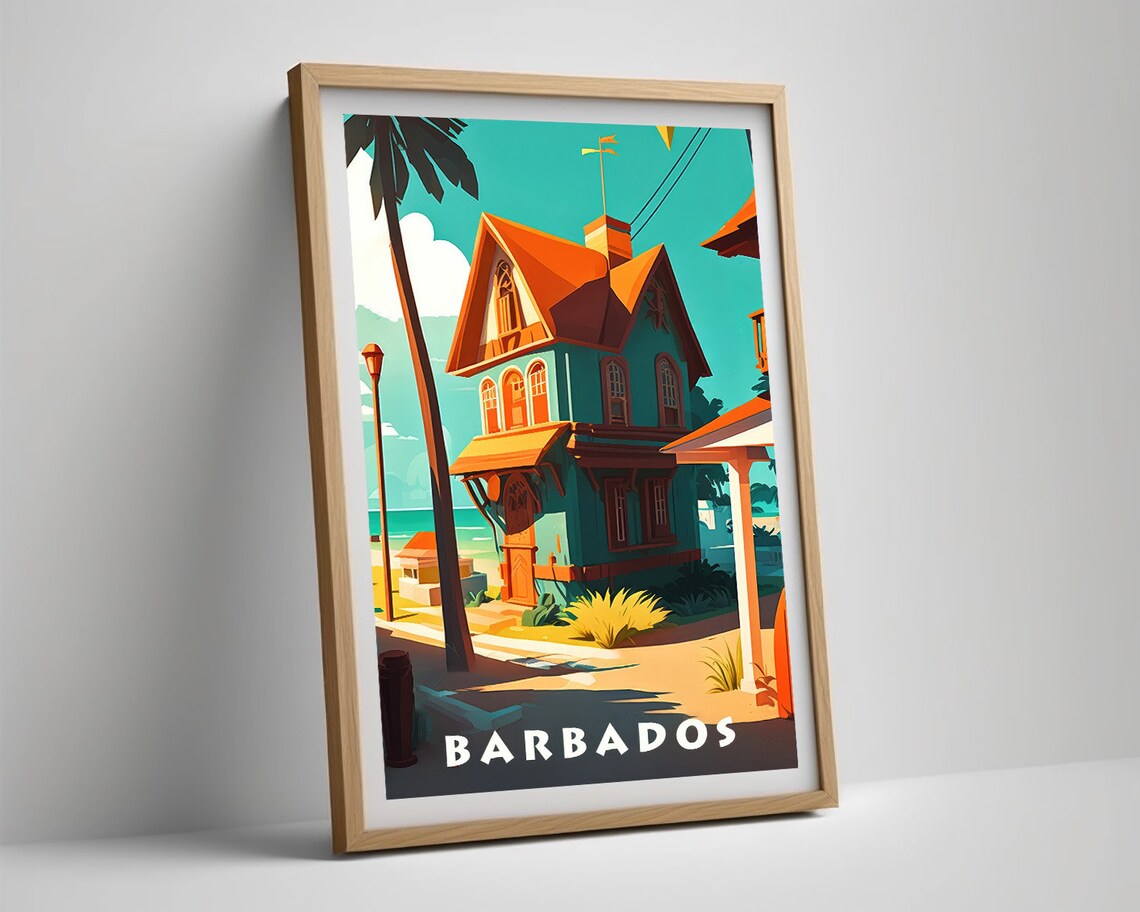 Barbados Beach Chattel House Palm Tree Caribbean Travel Poster - Image 5