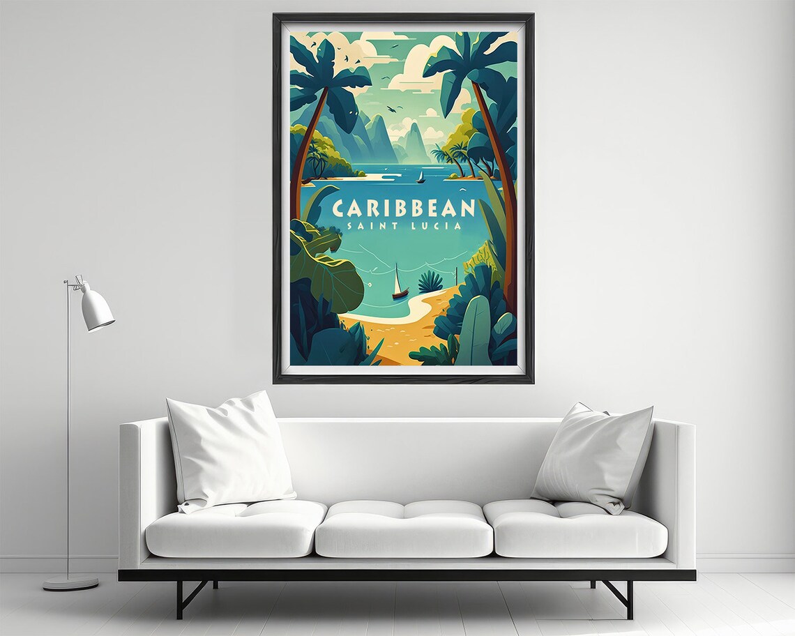 Saint Lucia Caribbean Tropical Beach Palms Vintage Travel Poster - Image 2