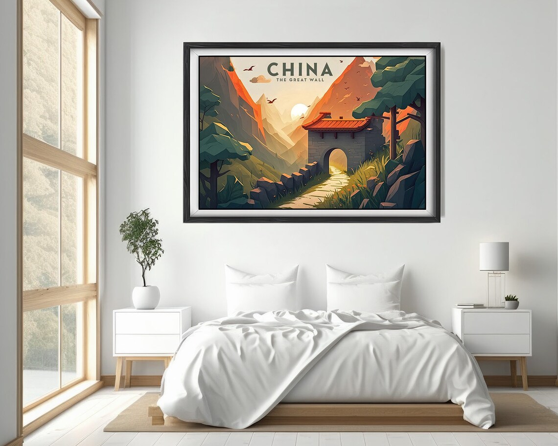 China Great Wall Watchtower Sunrise Vintage Travel Poster Mountains - Image 4