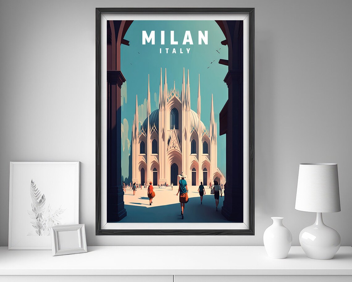 Milan Italy Duomo Cathedral Vintage Travel Poster Street View - Image 4