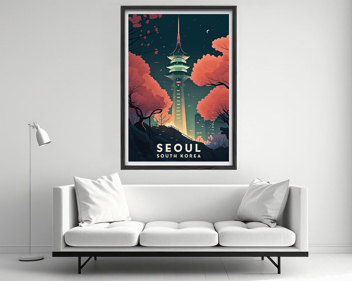 Seoul South Korea City Night Tower Cherry Blossom Travel Poster - Image 2