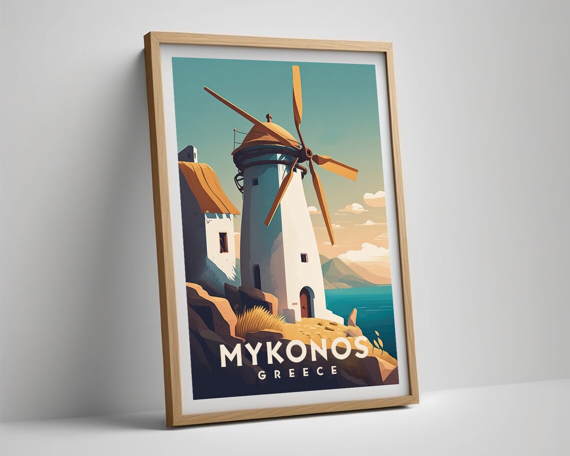 Mykonos Greece Windmill Seaside Sunset Aegean Island Travel Poster - Image 5