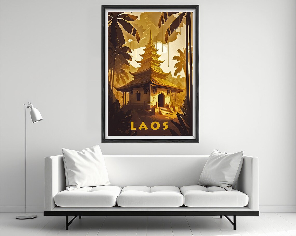 Laos Golden Pagoda Temple Jungle Palms Sepia Vintage Travel Poster - Image 2