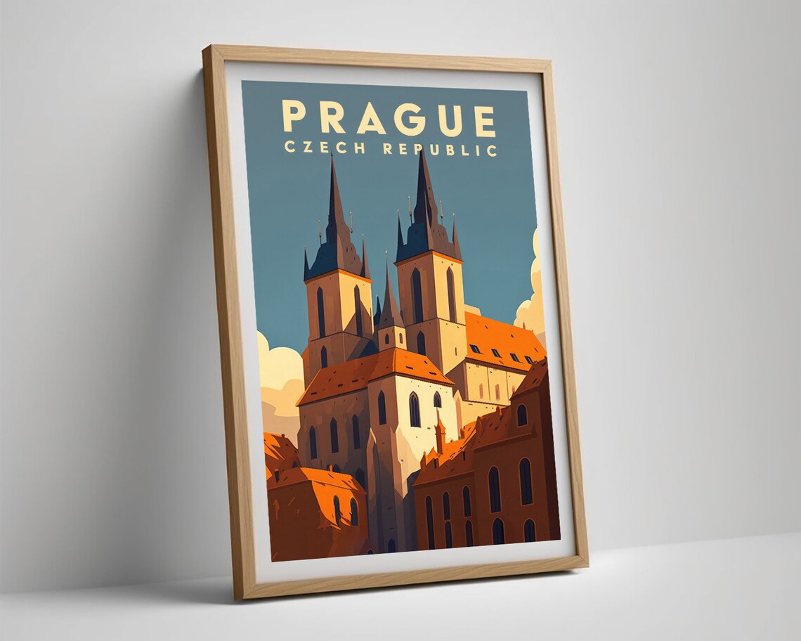 Prague Czech Republic Twin Spires Old Town Retro Travel Poster - Image 5