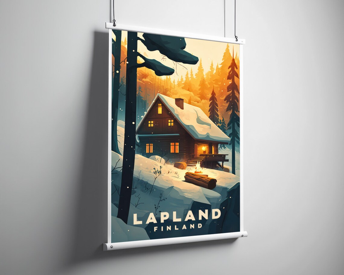 Lapland Finland Winter Travel Poster Snowy Cabin Sunset Glow - Image 3