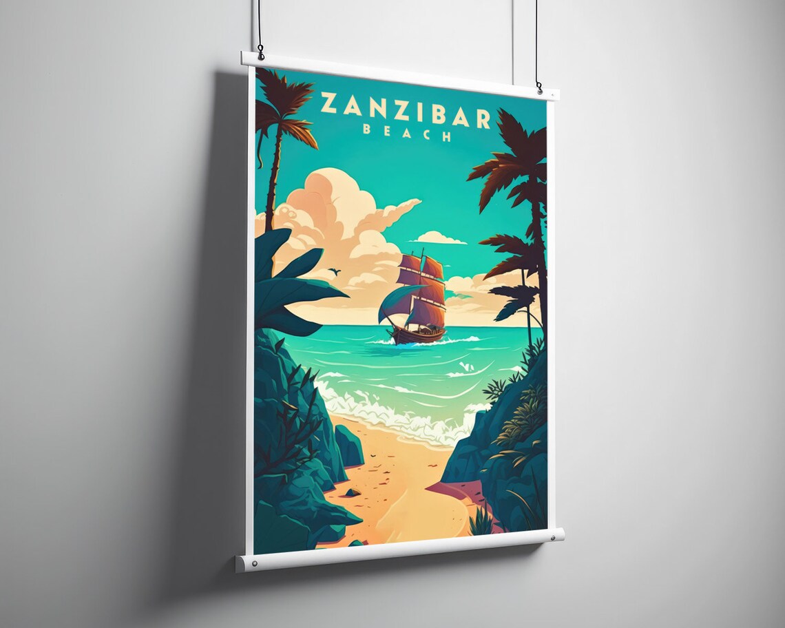 Zanzibar Beach Tanzania Sailboat Palms Vintage Travel Poster - Image 3