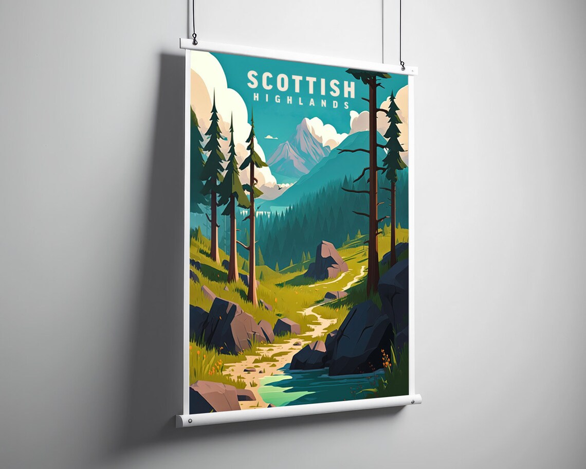 Scottish Highlands Pine Forest Mountain Stream Travel Poster - Image 3