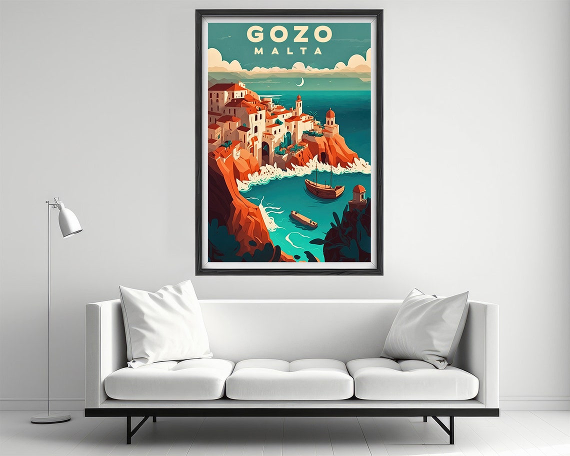 Gozo Malta Cliffside Old Town Turquoise Sea Vintage Travel Poster - Image 2