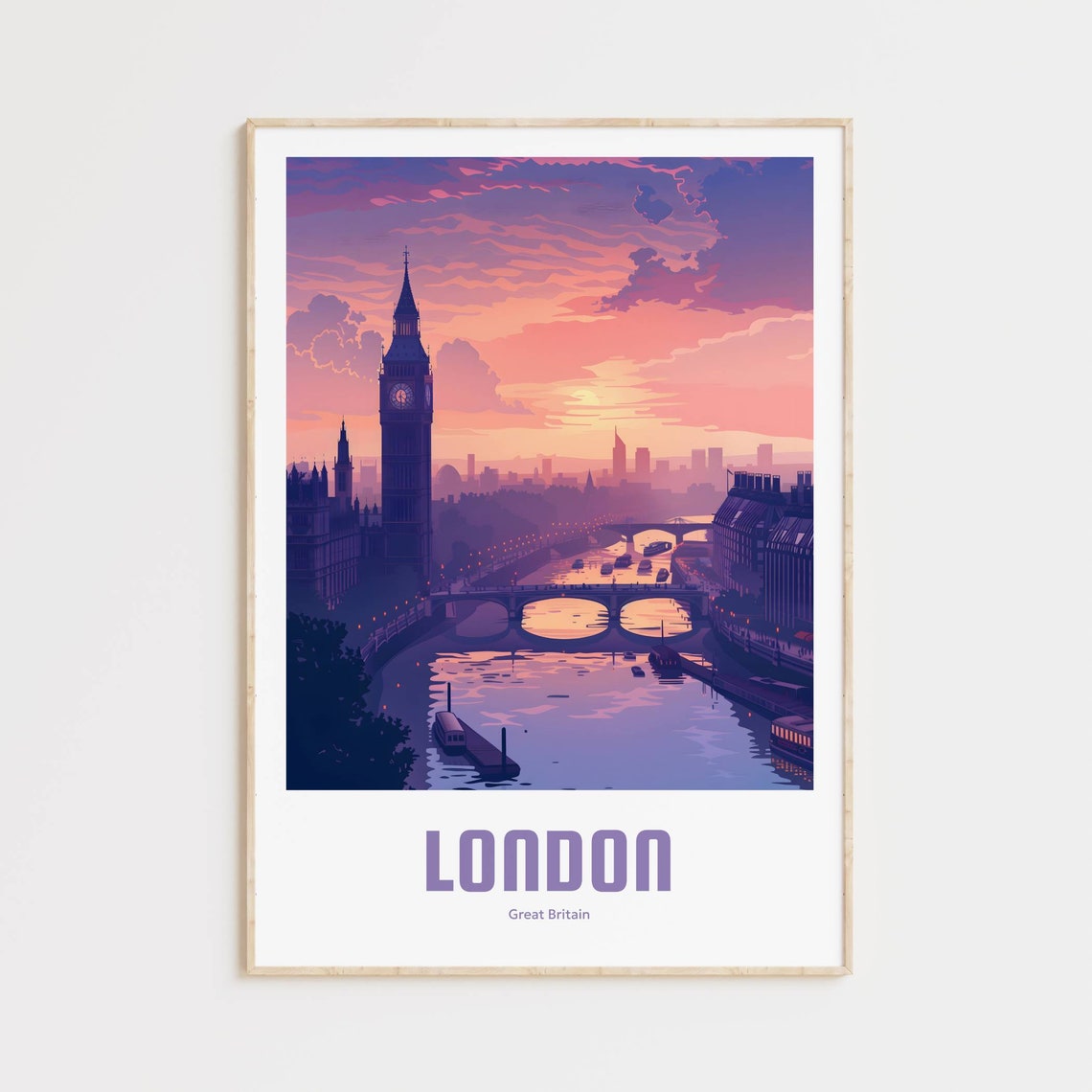 London Big Ben Thames Sunset Skyline Iconic Vintage Travel Poster