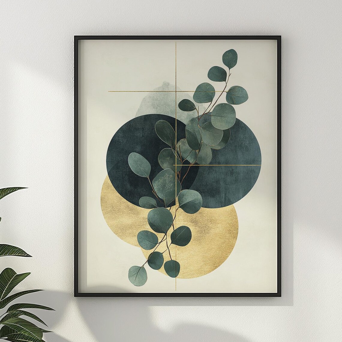 Eucalyptus Branch and Golden Circles Modern Botanical Abstract Poster